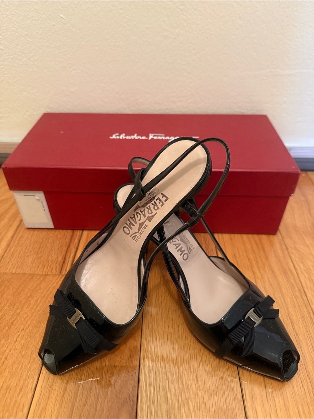 Salvatore Ferragamo Black Patent Slingback Peep-Toe Heels with Bow
